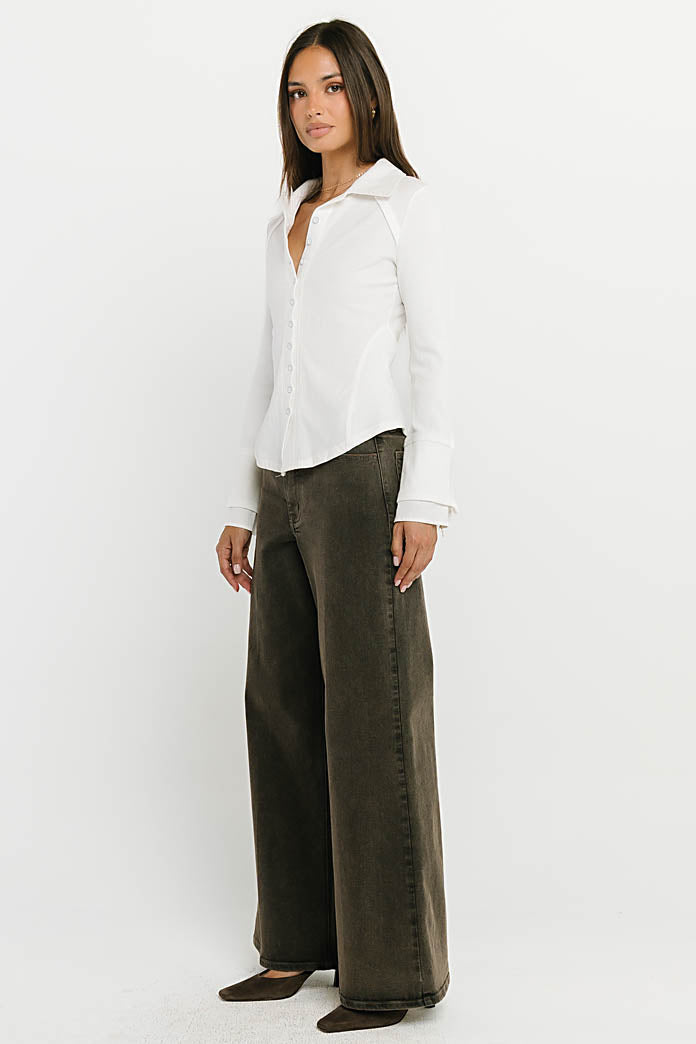 Alisa Mixed Media Button Up in White
