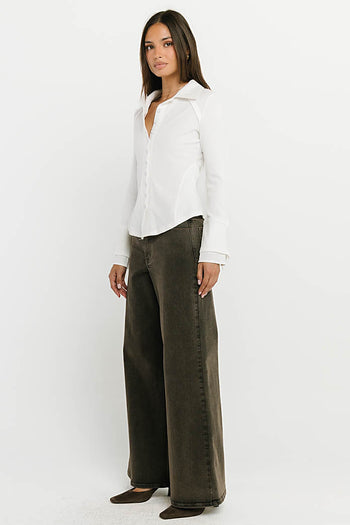 Alisa Mixed Media Button Up in White