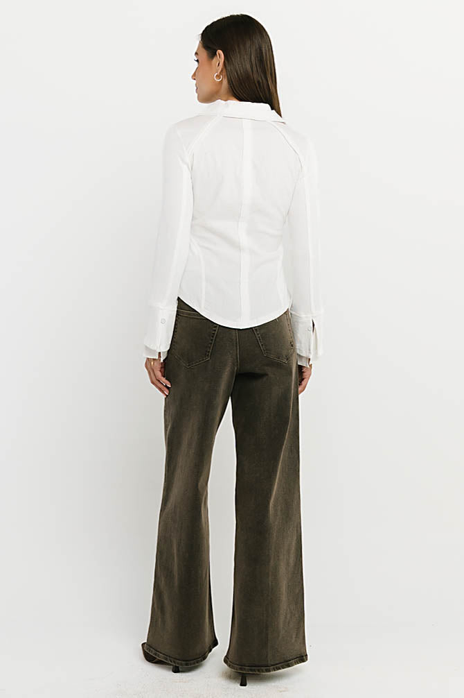 Alisa Mixed Media Button Up in White