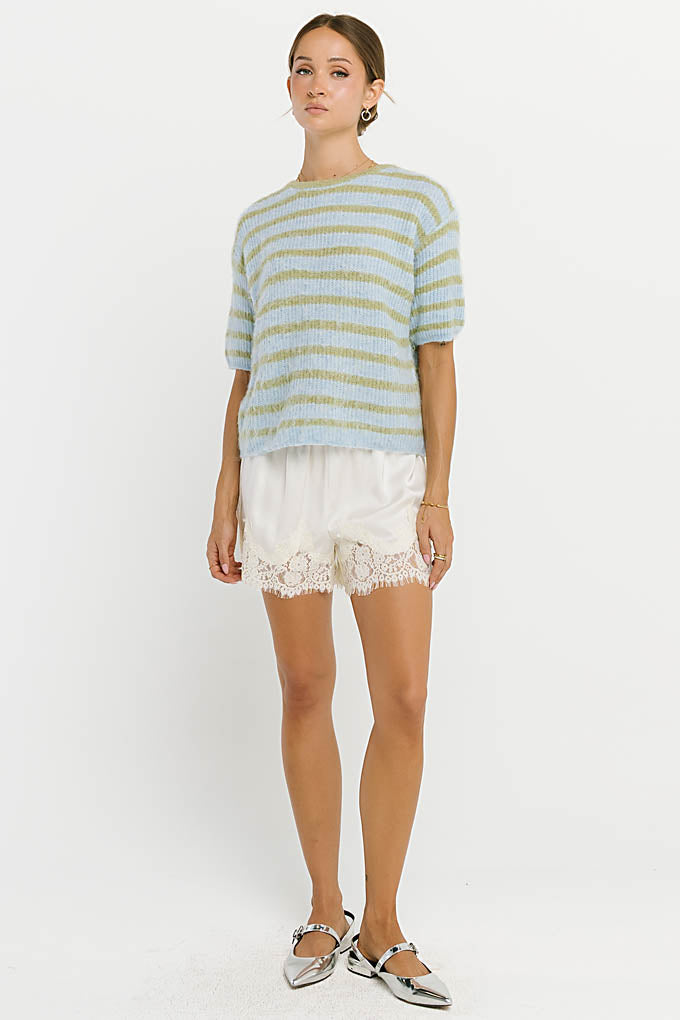 Bricelyn Lace Trim Satin Shorts in Cream