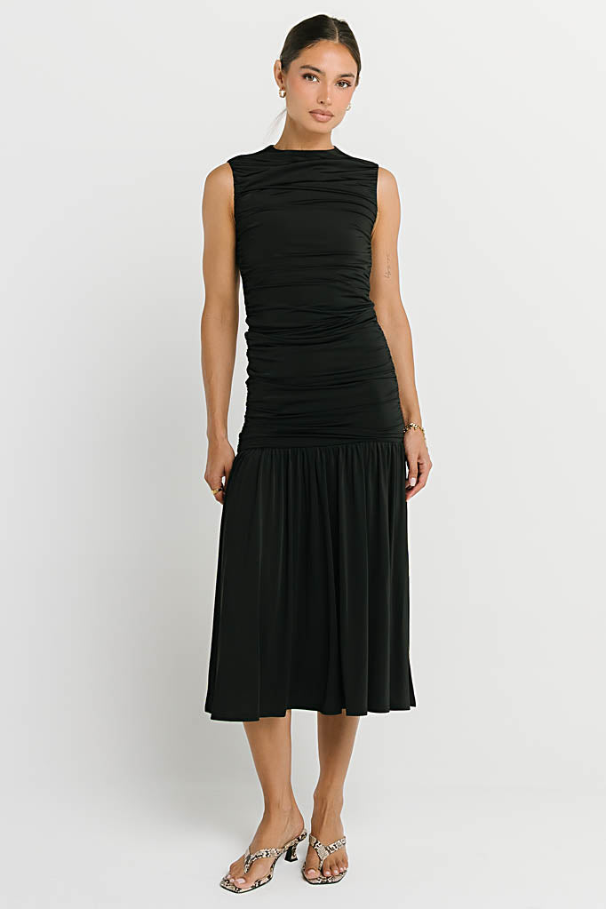 Zara Ruched Midi Dress in Black