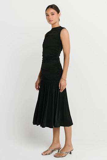 Zara Ruched Midi Dress in Black