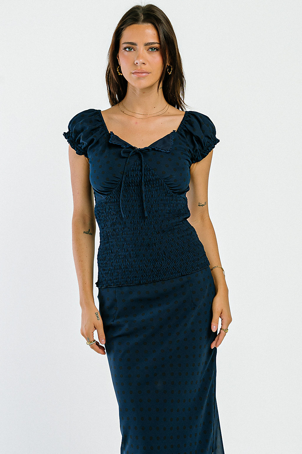 Angelina Smocked Blouse in Navy