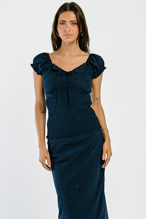 Angelina Smocked Blouse in Navy