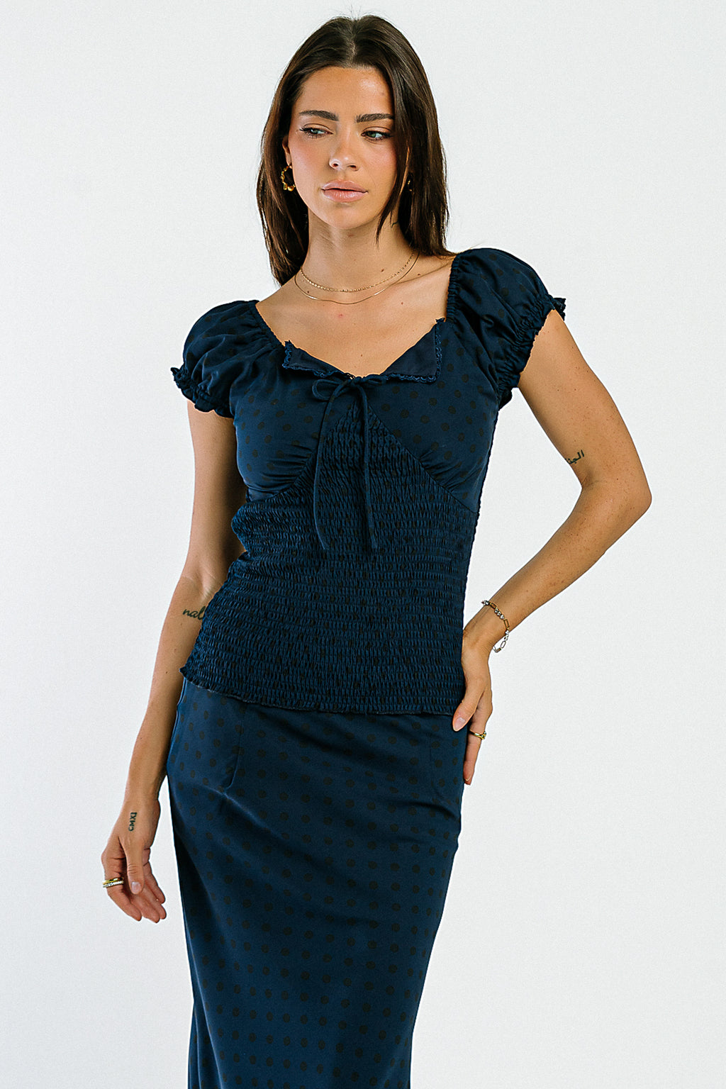 Angelina Smocked Blouse in Navy