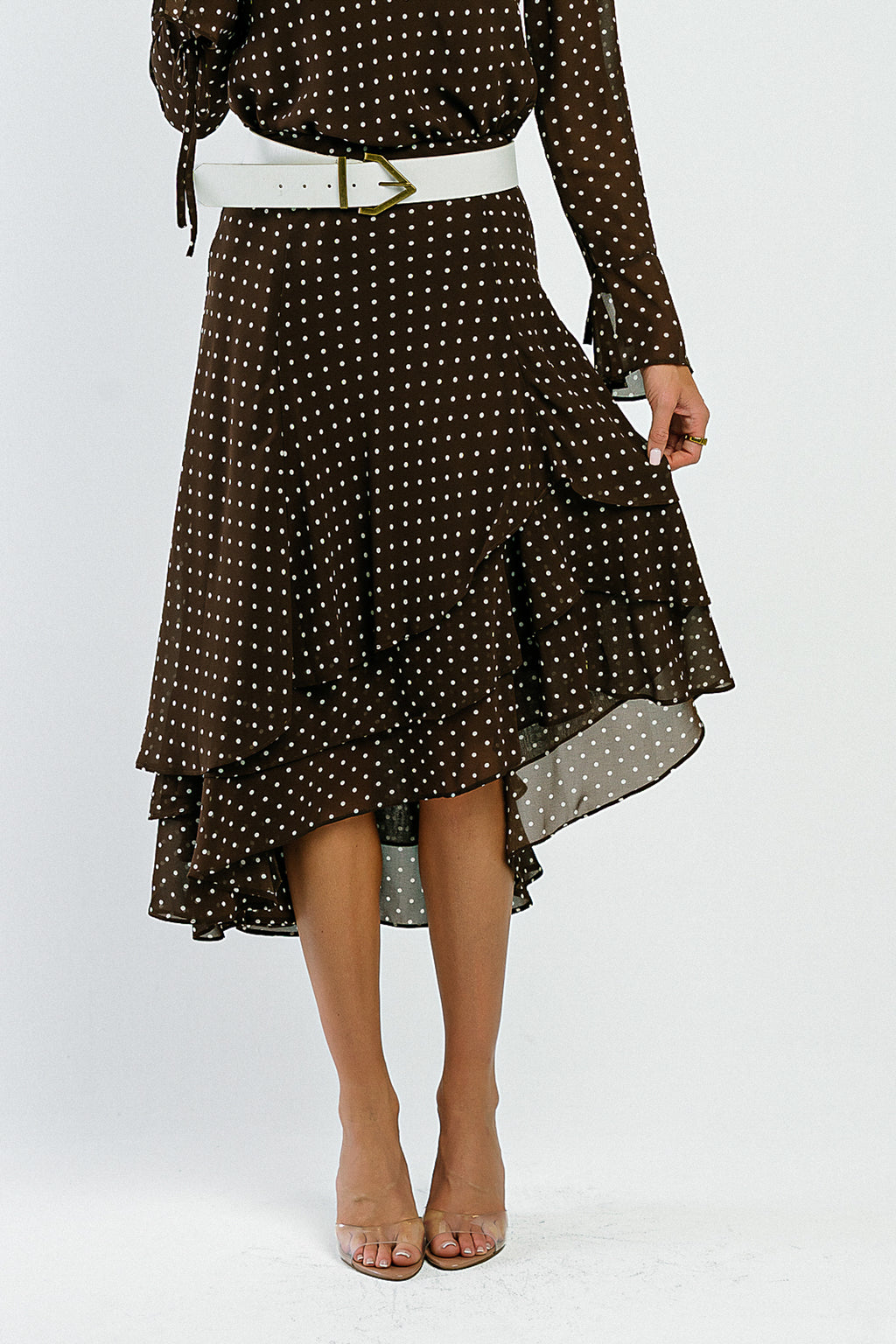 Luna Polka Dot Midi Skirt in Brown