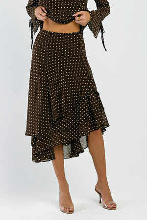 Luna Polka Dot Midi Skirt in Brown