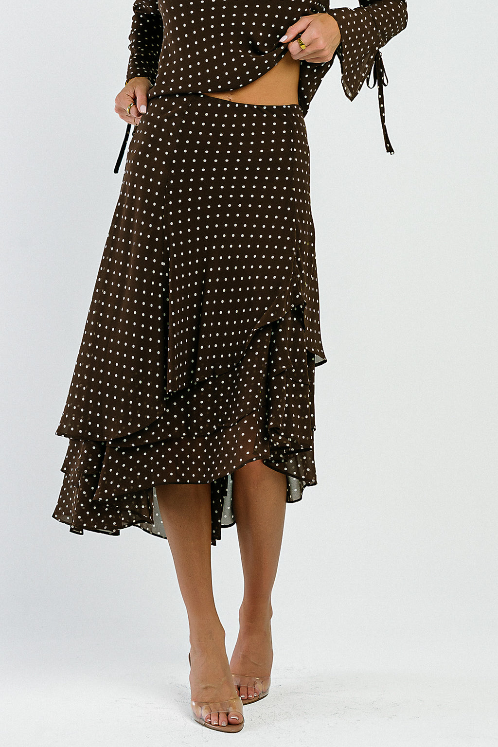 Luna Polka Dot Midi Skirt in Brown