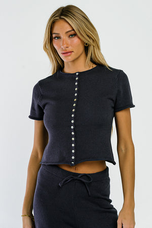 Jaxie Button Up Sweater Tee in Navy