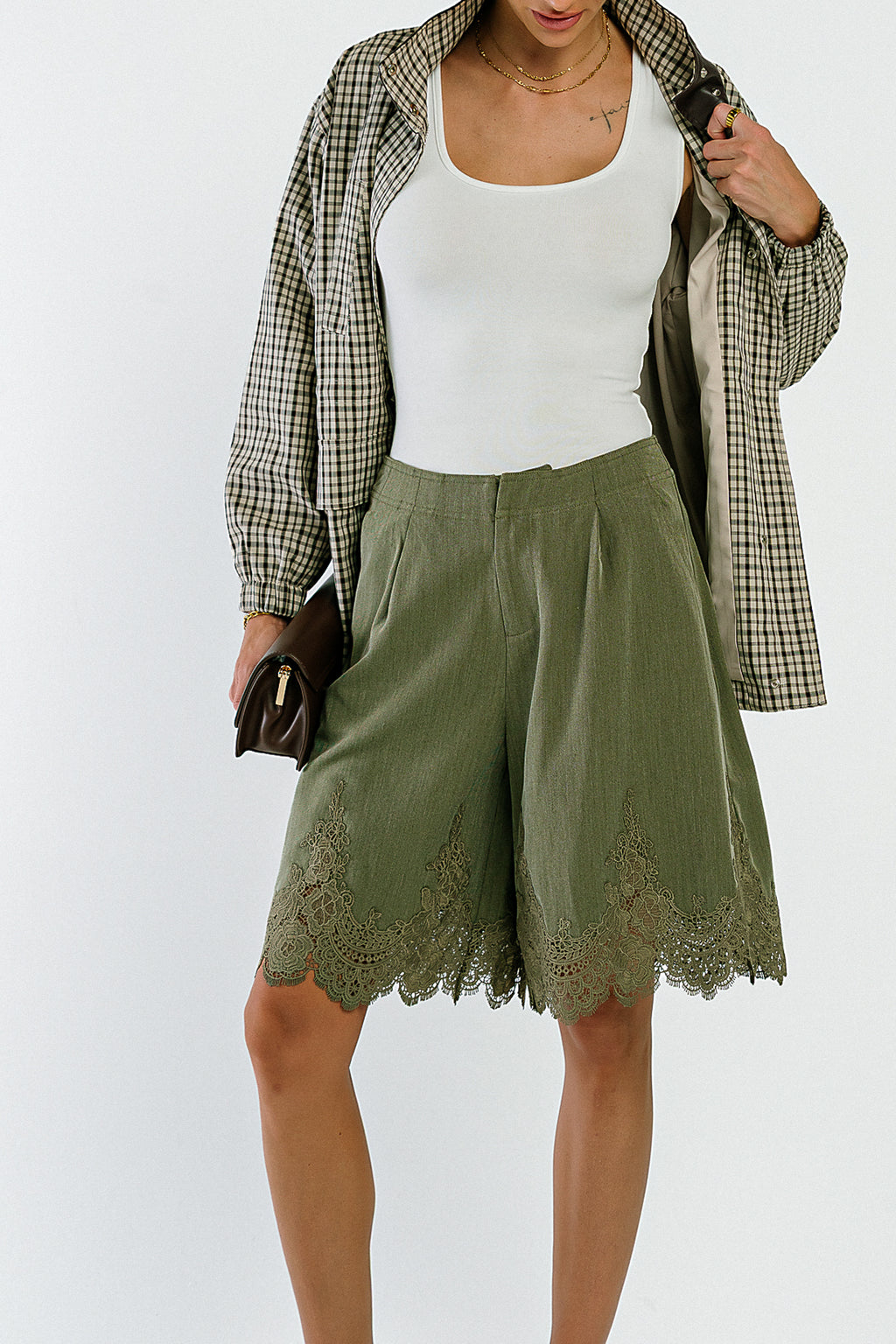 Mazie Lace Trim Shorts in Olive