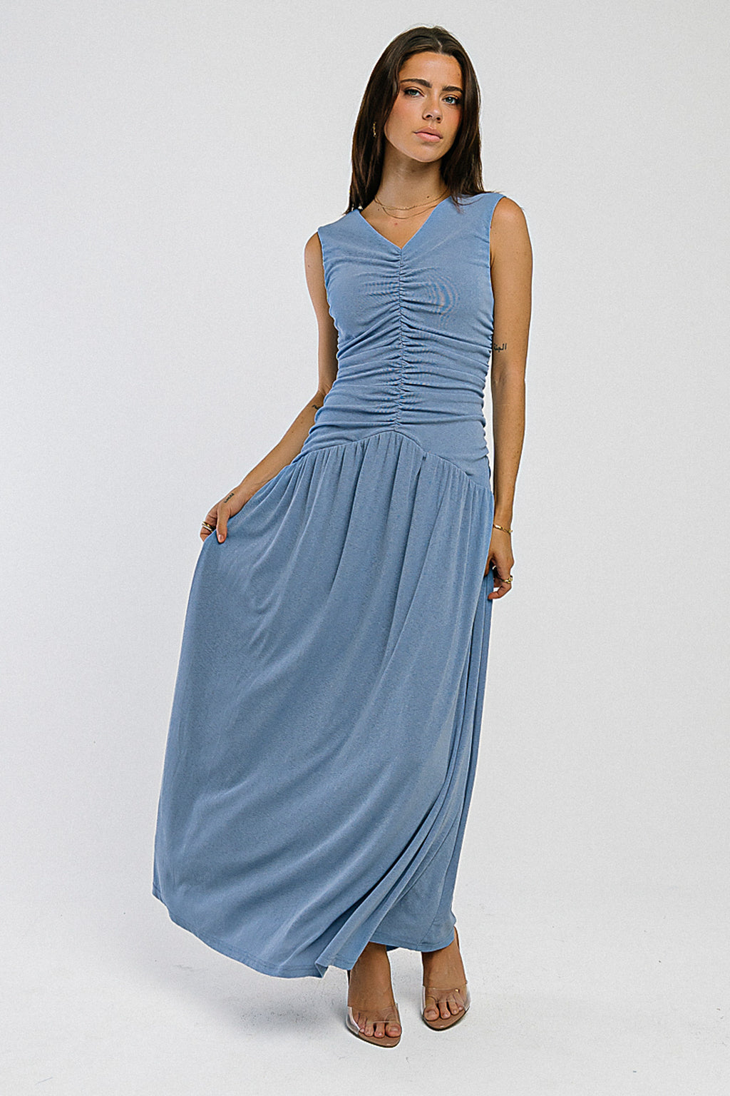 Kandi Ruched Maxi Dress in Blue - FINAL SALE