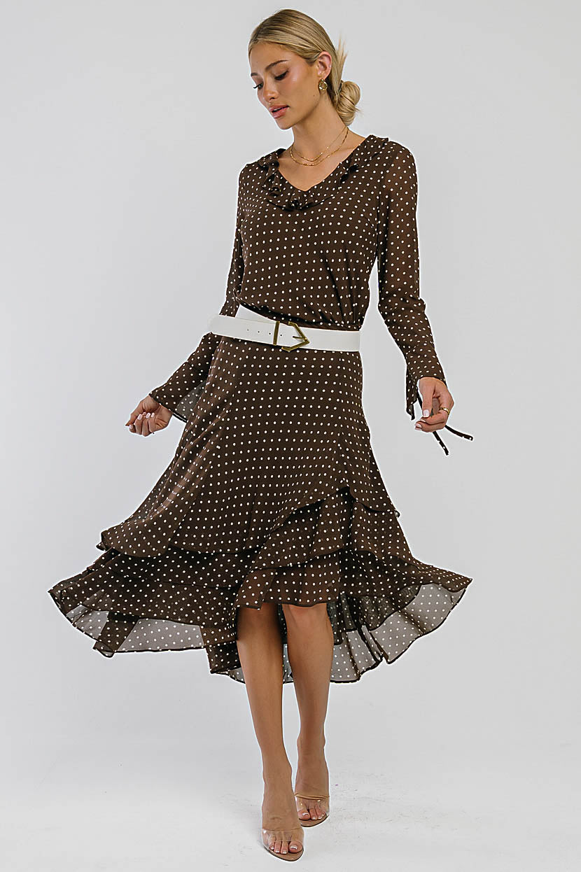 Luna Polka Dot Midi Skirt in Brown