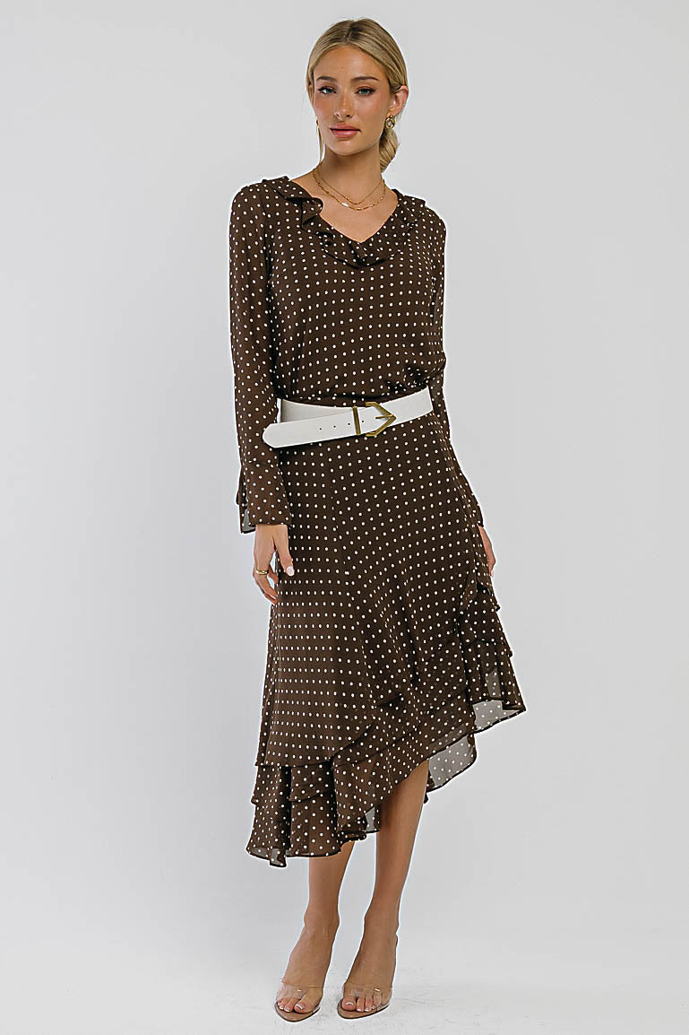 Luna Polka Dot Midi Skirt in Brown