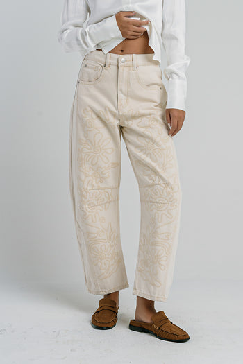 Kinsey Embroidered Barrel Jeans in Beige - FINAL SALE