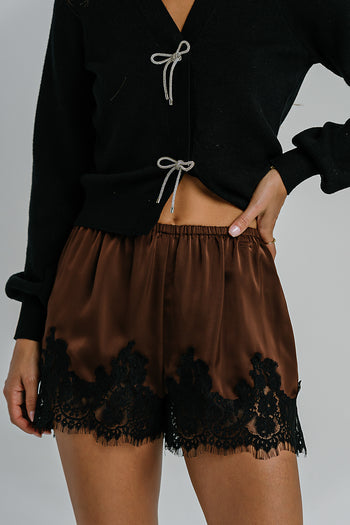 Bricelyn Lace Trim Satin Shorts in Brown
