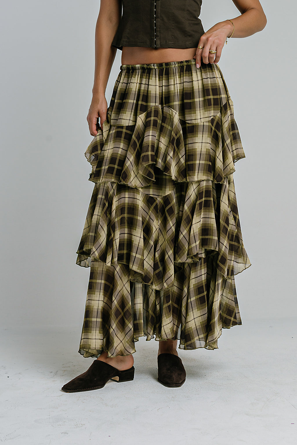 Allyson Plaid Ruffle Midi Skirt