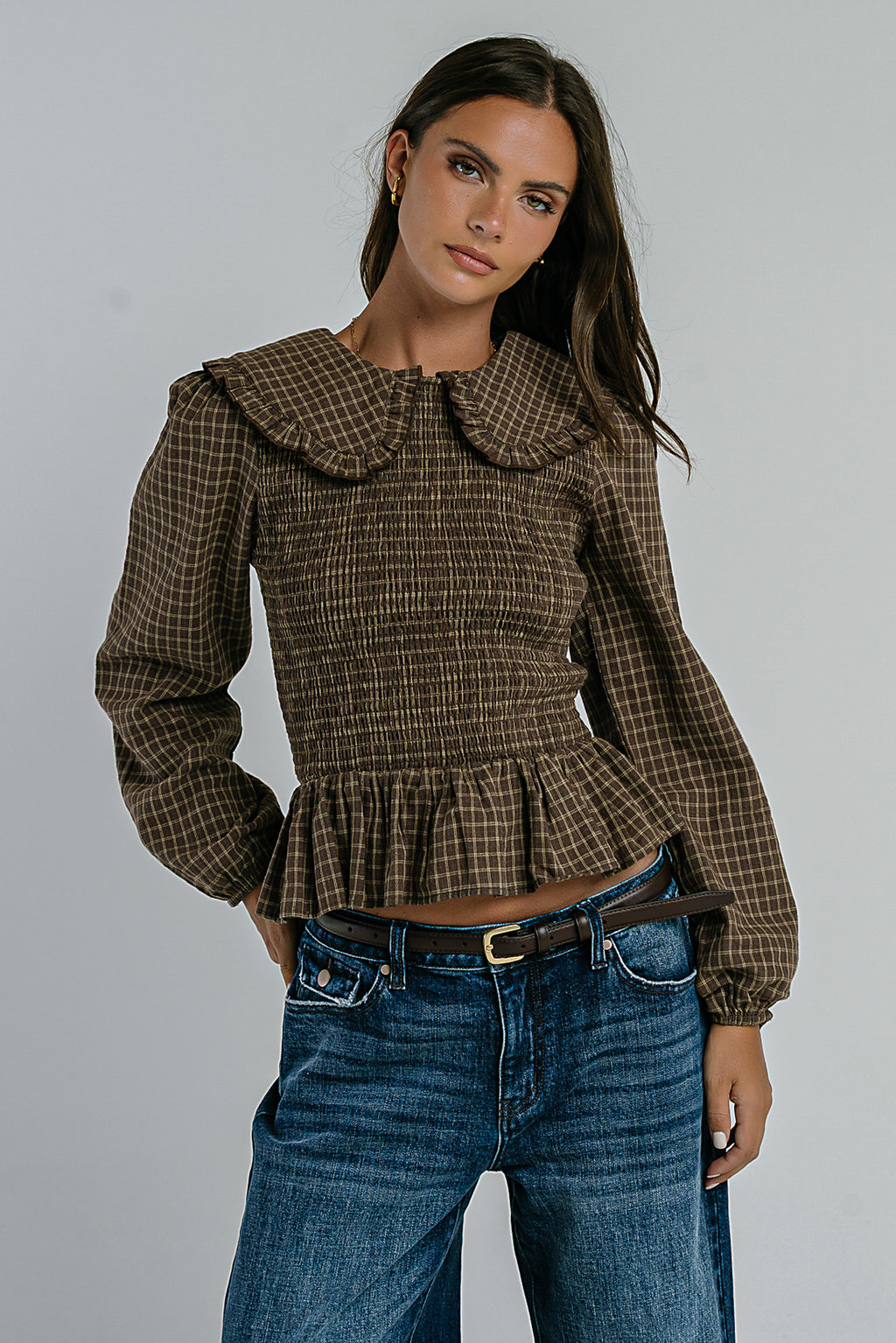 Kristy Smocked Blouse in Brown