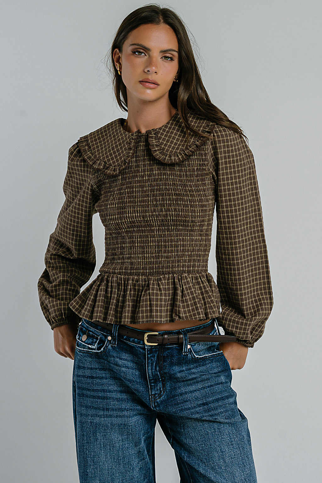 Kristy Smocked Blouse in Brown