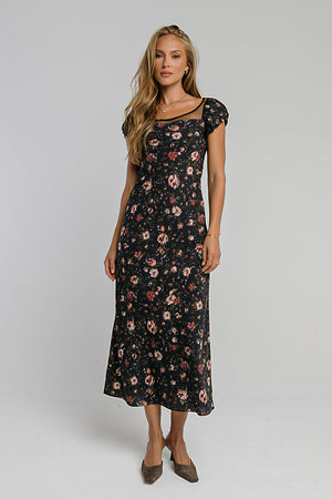 Ellie Mesh Floral Maxi Dress in Black