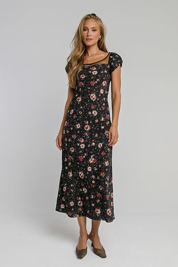 Ellie Mesh Floral Maxi Dress in Black