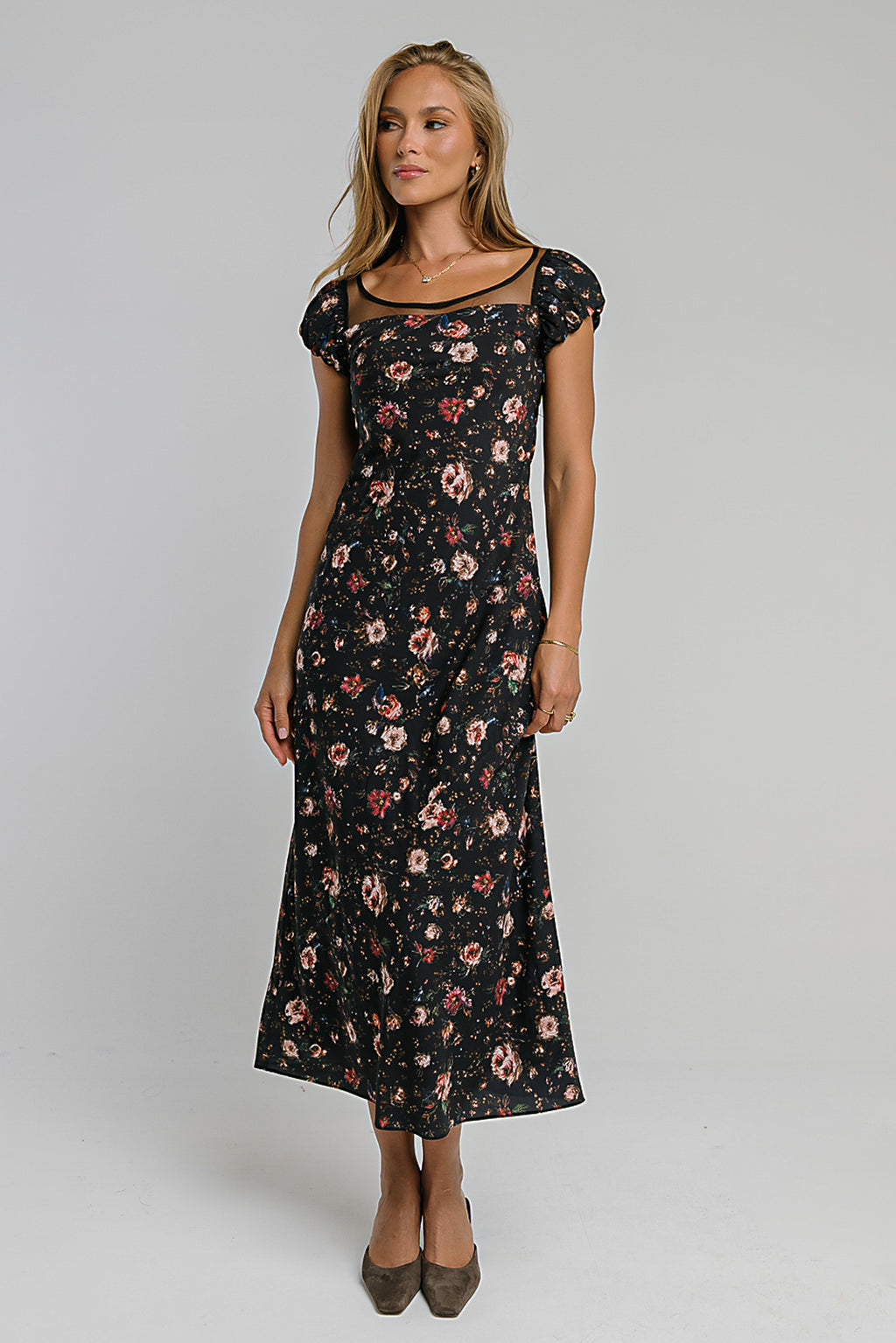 ellie floral midi dress Mesh Maxi in Black flare-sleeves-maxi-wrap-dress-navy Color:Cast Sage Floral Cut Out High Refined, striking, and undeniably