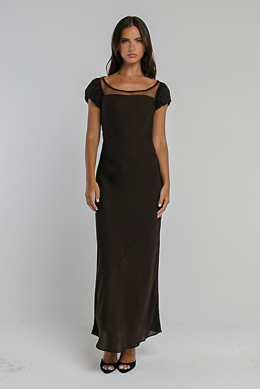 Ellie Mesh Maxi Dress in Brown