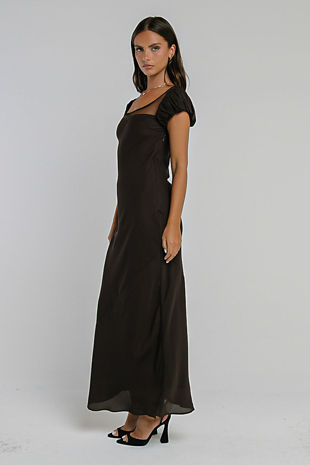 Ellie Mesh Maxi Dress in Brown