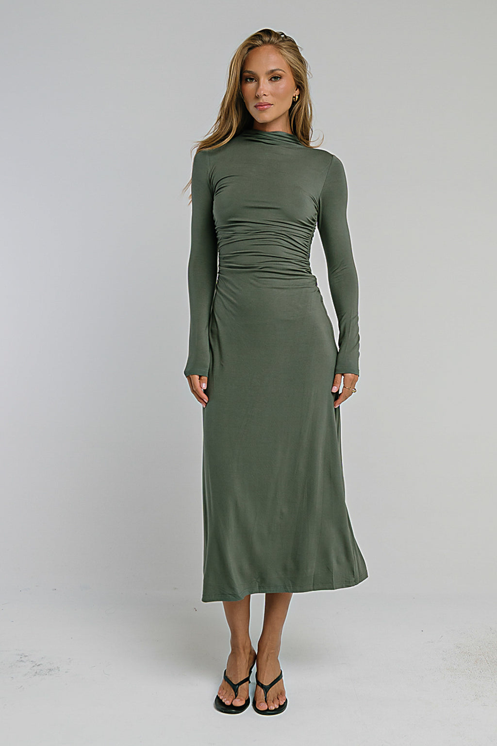 Ruth Ruched Midi Dress in Olive