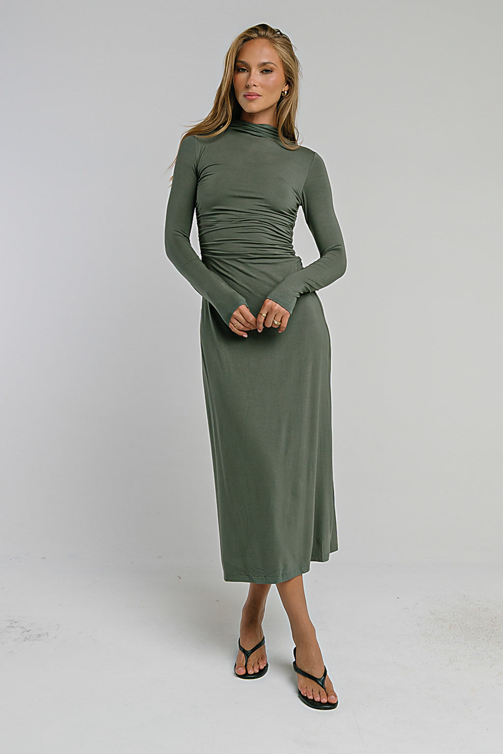 Ruth Ruched Midi Dress in Olive