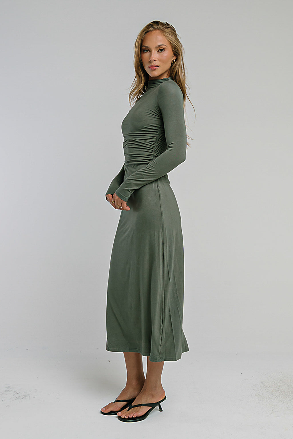 Ruth Ruched Midi Dress in Olive