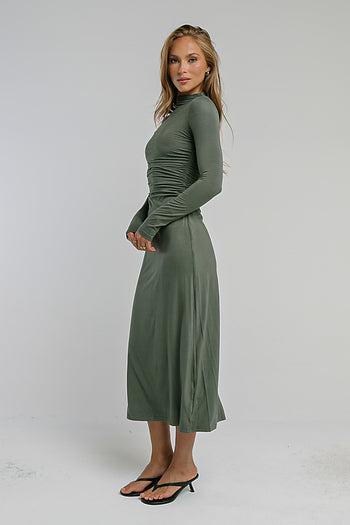 Ruth Ruched Midi Dress in Olive