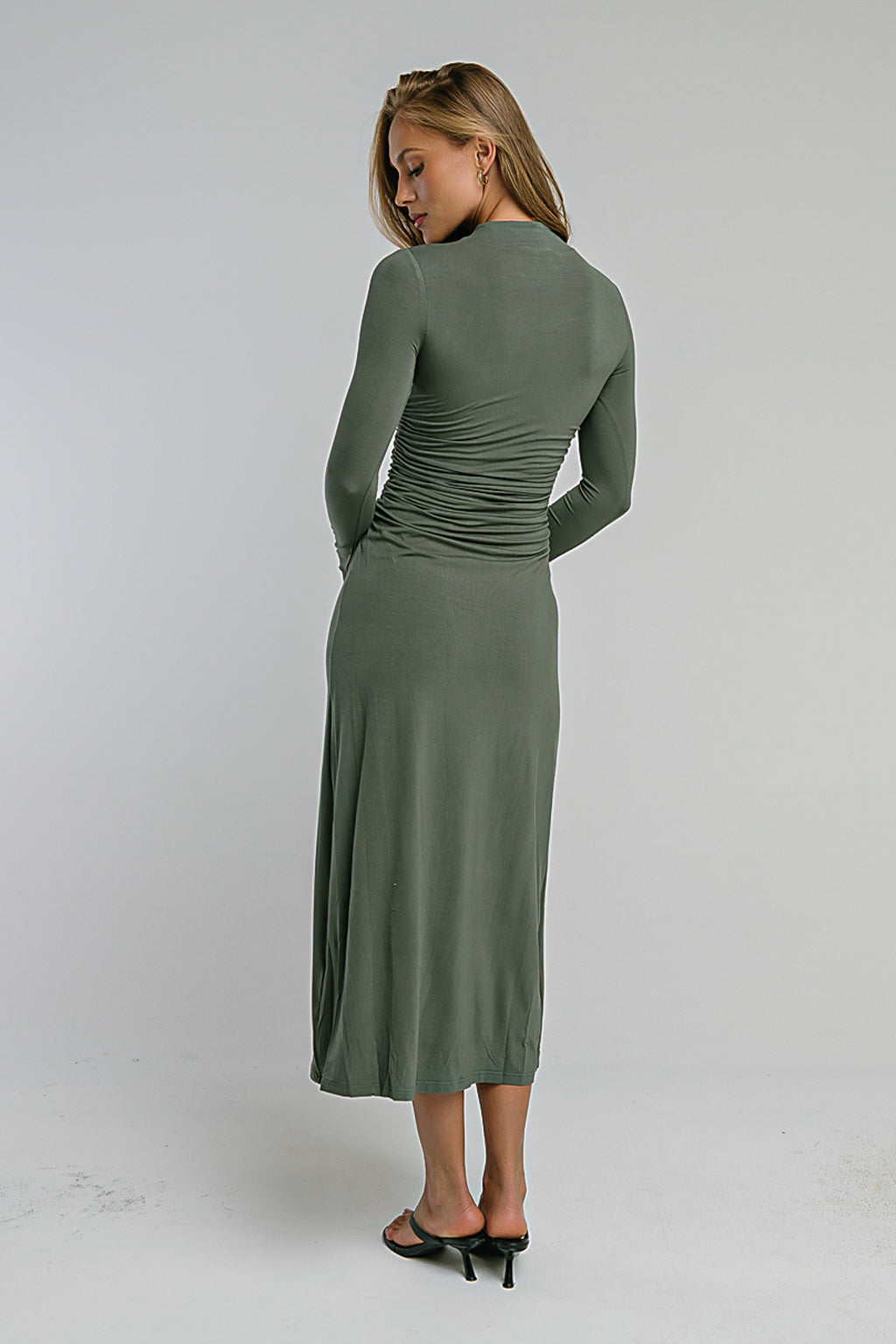 Ruth Ruched Midi Dress in Olive