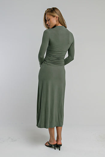 Ruth Ruched Midi Dress in Olive