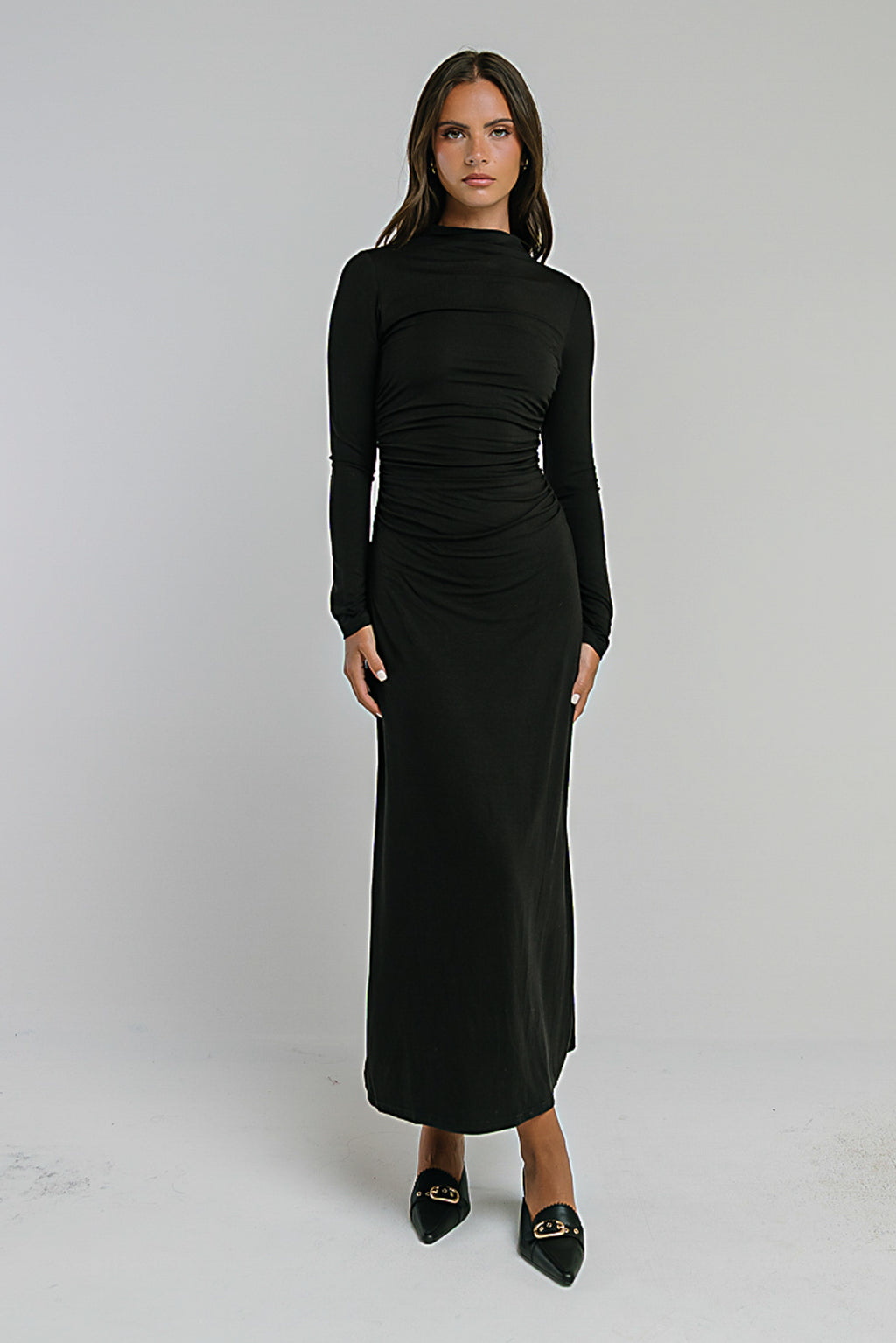 Ruth Ruched Midi Dress in Black