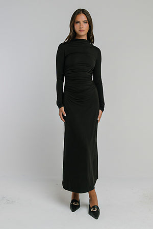 Ruth Ruched Midi Dress in Black