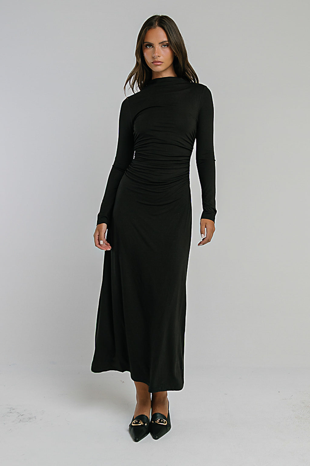 Ruth Ruched Midi Dress in Black