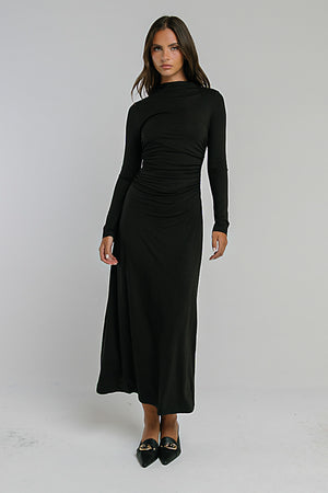Ruth Ruched Midi Dress in Black