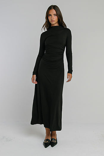 Ruth Ruched Midi Dress in Black