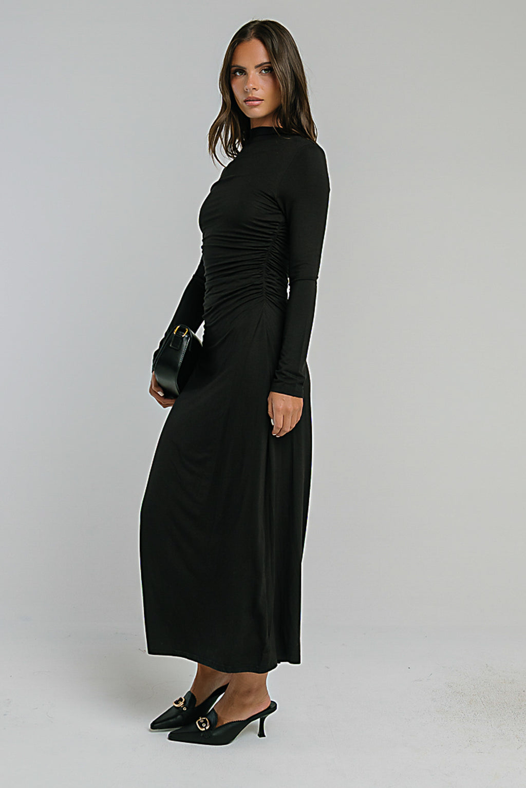 Ruth Ruched Midi Dress in Black