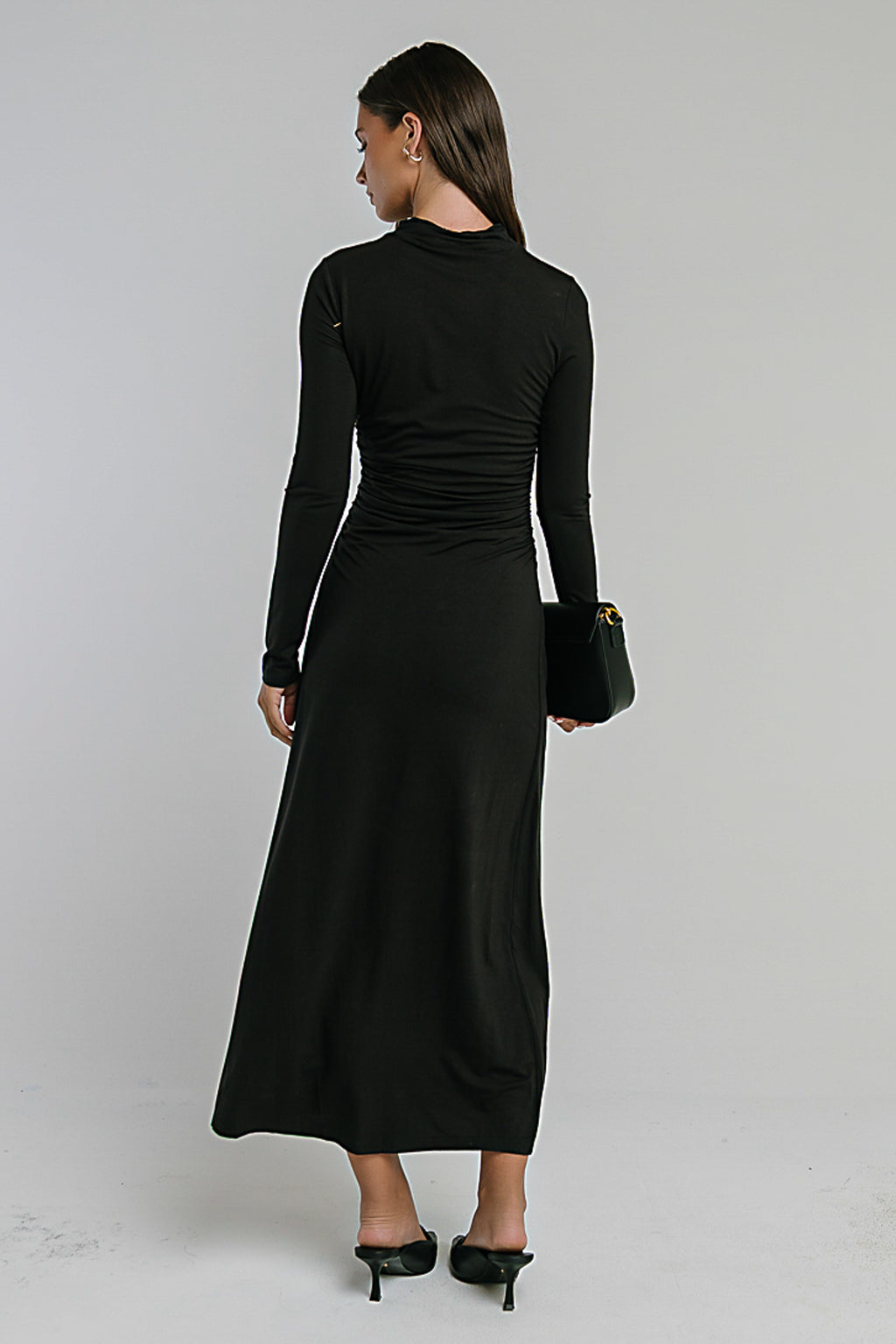 Ruth Ruched Midi Dress in Black