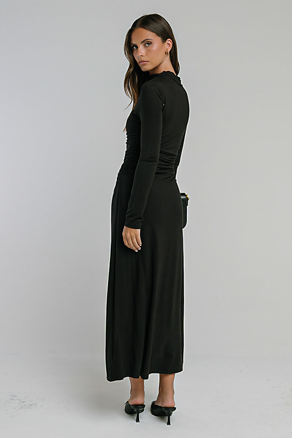 Ruth Ruched Midi Dress in Black