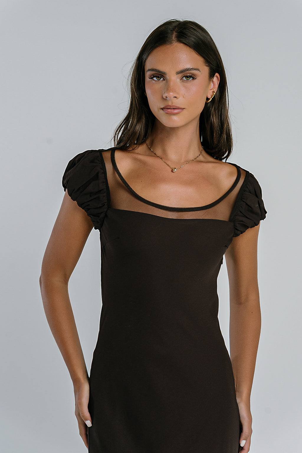 Ellie Mesh Maxi Dress in Brown