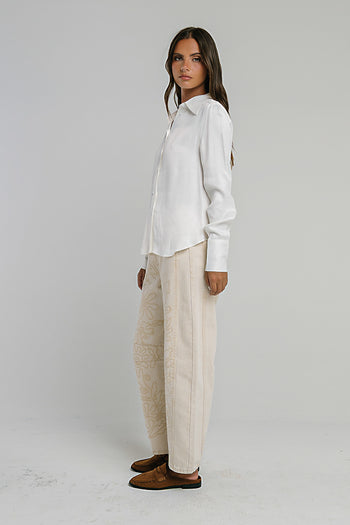Kinsey Embroidered Barrel Jeans in Beige - FINAL SALE