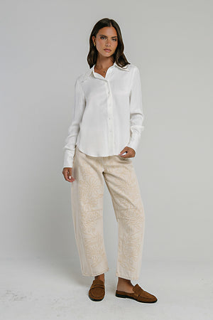 Kinsey Embroidered Barrel Jeans in Beige - FINAL SALE