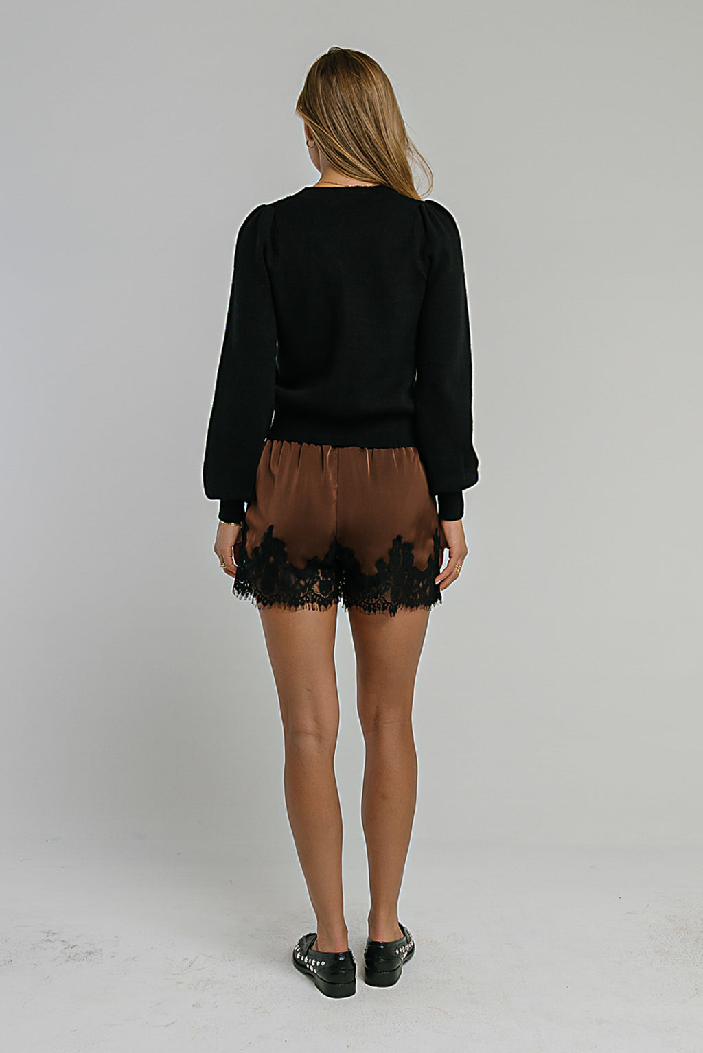 Bricelyn Lace Trim Satin Shorts in Brown