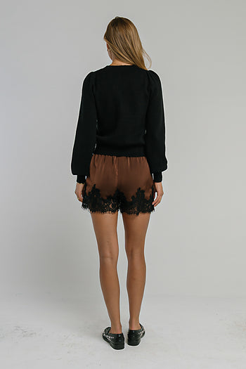 Bricelyn Lace Trim Satin Shorts in Brown