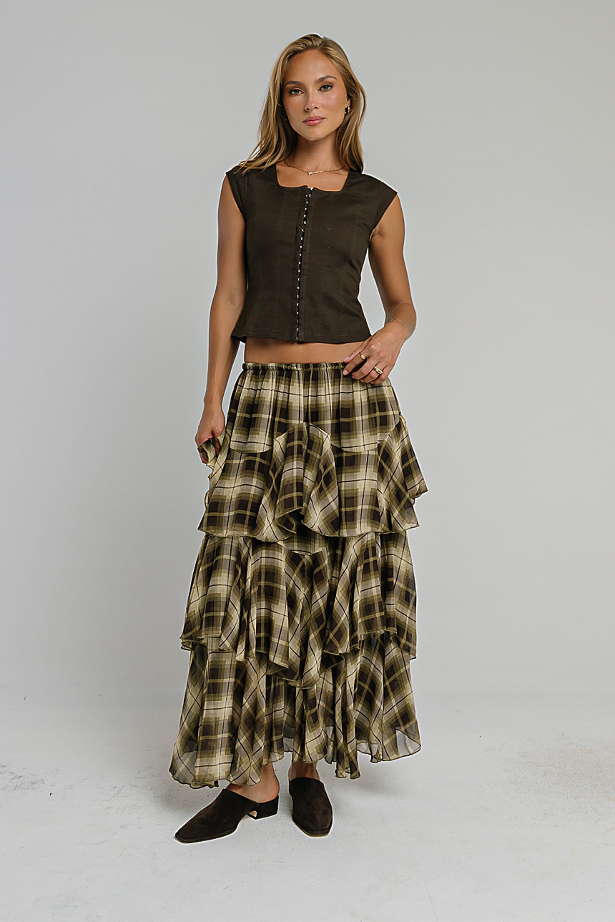 Allyson Plaid Ruffle Midi Skirt