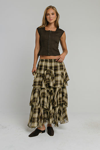 Allyson Plaid Ruffle Midi Skirt