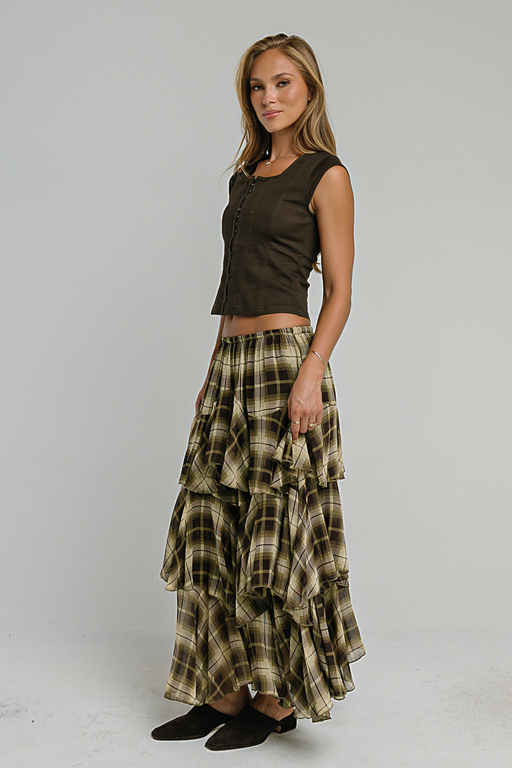 Allyson Plaid Ruffle Midi Skirt