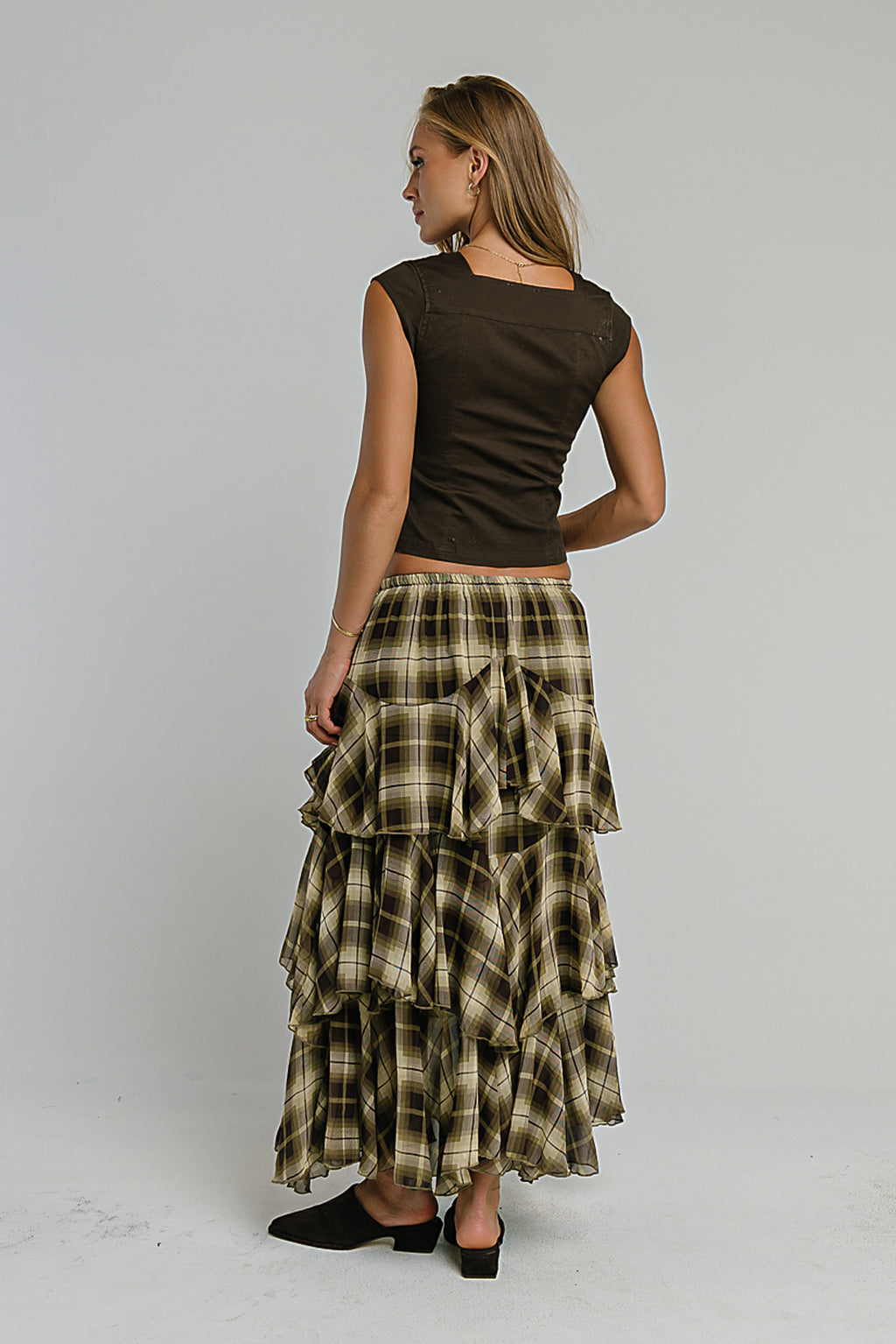 Allyson Plaid Ruffle Midi Skirt